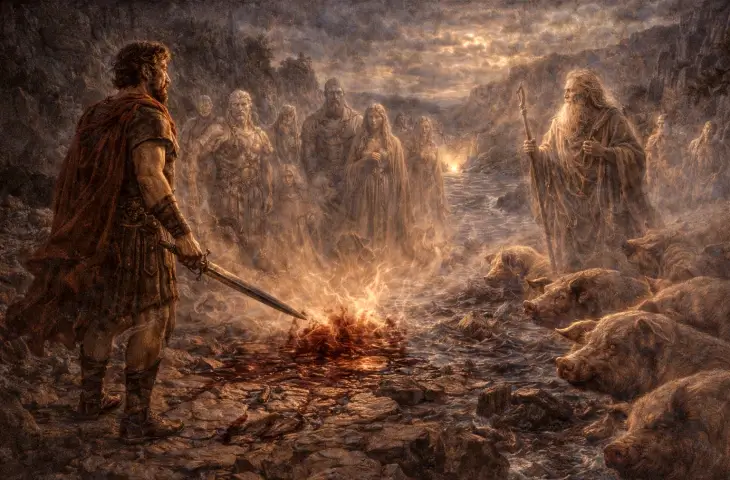 Odysseus’un Yeraltı Dünyası’nda kahin Teiresias ile karşılaşmasını betimleyen mitolojik sahne; kurban ateşi etrafında toplanan ruhlar, sisli bir atmosfer ve ölüler diyarının karanlığı görülüyor.